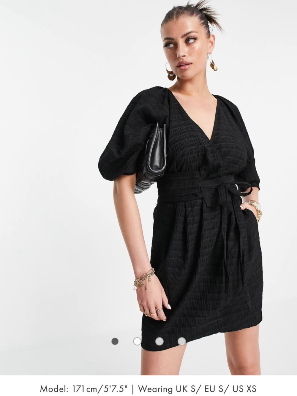 Mango Black V-Neck Puff Sleeve Mini Dress with Waist Tie